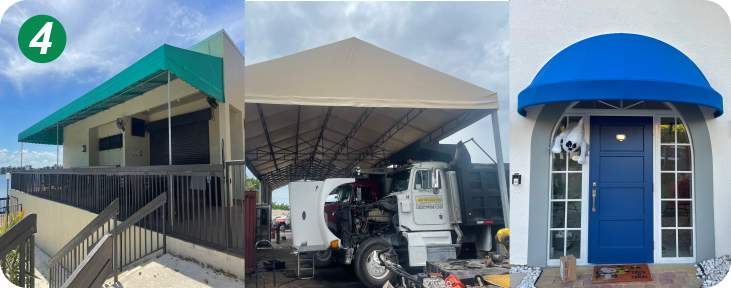 Green storefront awning, beige industrial carport canopy, and blue dome window awning—custom shade solutions for commercial and residential use.